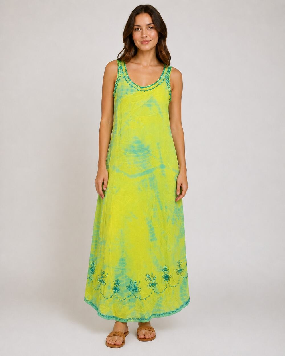 Soft Surroundings Tie-Dye Maxi Dress Size M Green Yellow Embroidered